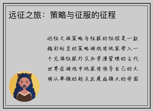 远征之旅:策略与征服的征程